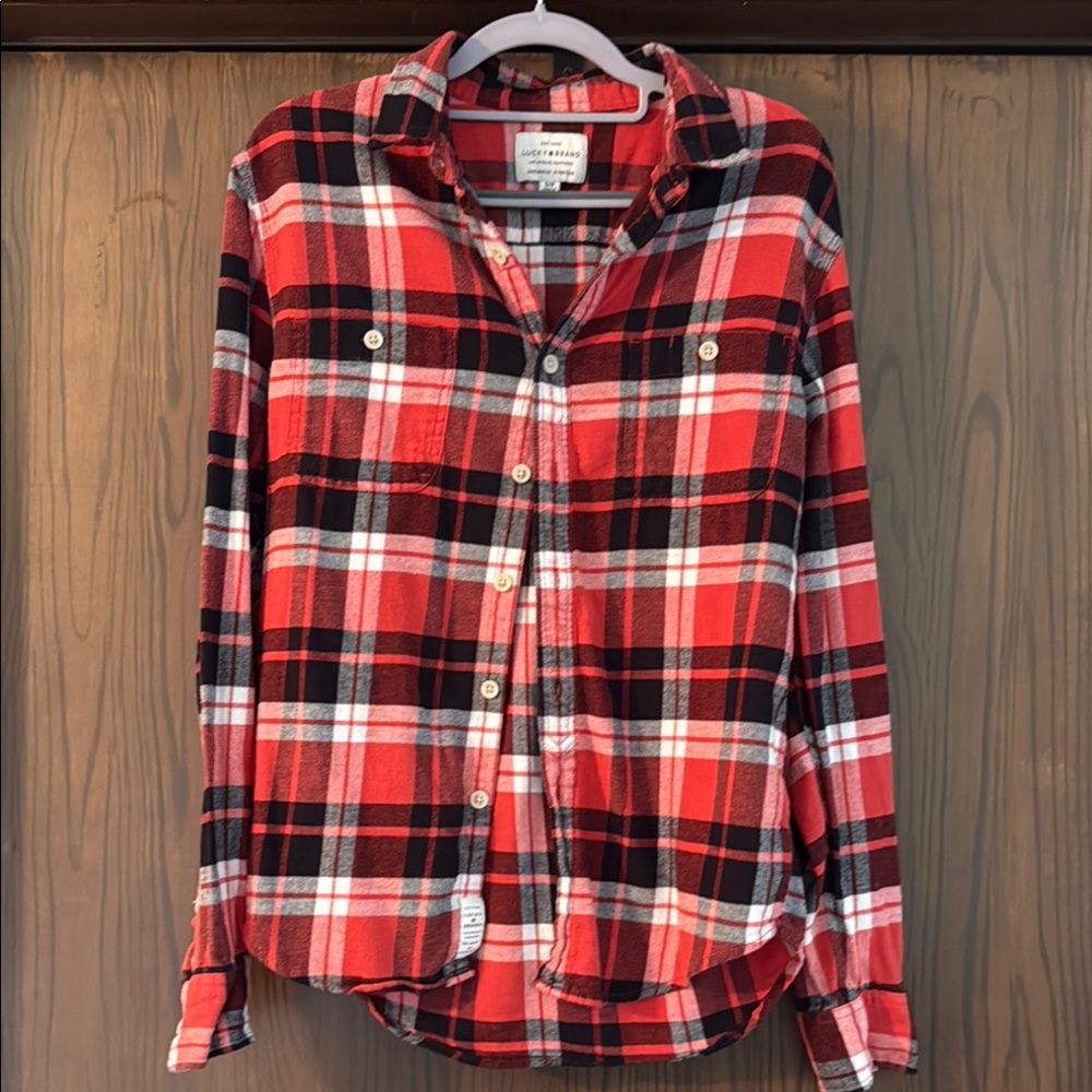 Lucky Brand Red and Black Plaid Button Down Shirt